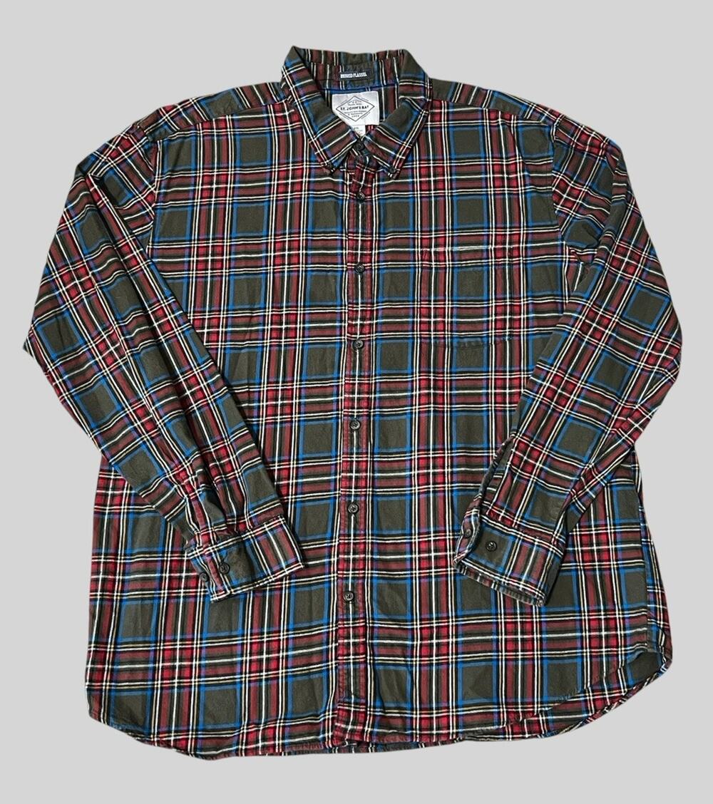 St Johns Bay Shirt Mens XXL Brushed Flannel Green Plaid Soft Flannel Classic 90s